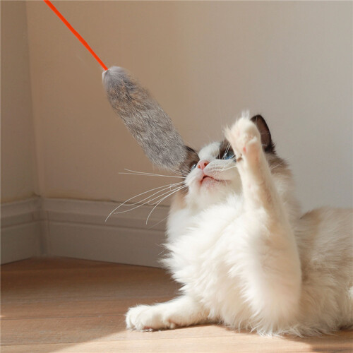 Handgefertigter grauer Katzen-Teaserstab mit flexiblem PC-Stab und Plüschfell 2