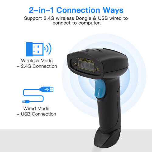 Scanner de codes-barres 2D sans fil Bluetooth 2.4G, auto-sensing, batterie de 2000mAh 2