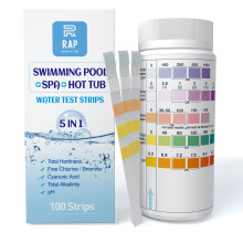 5 in 1 Water quality testing strips for hot tubs, swimming pools or spas. Easy, accurate and quick detection of pH, Free Chlorine/Bromine, Total Alka