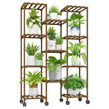 Bamworld Plant Stand With Wheels Indoor Outdoor Wood Plants Shelf for Multiple Plants 11 Pots Tall Large Flower Holder for Living Room Patio Balcony