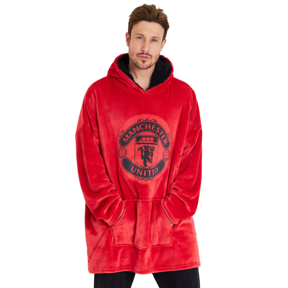 Manchester United F.c. Oversized Hoodie Blanket For Men, Man U Football Gifts (Red)