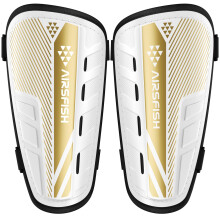 AirsFish Shin Pads Boys CE Certified Kids Shin Pads with Ankle Protection,Breathable Non Slip Extended Adjustable Straps (Gold-White, S Plus(140-150C
