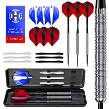 Harrows Caliber 90% Silver Tungsten Steel Tip Darts Set I 21g to 30g All Weights Available I Huge 16pcs Bundle with Spare Shafts, Prime Flights & Tra