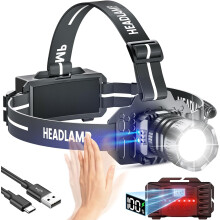 Sogdeco Head Torch Rechargeable 8 Light Modes 50000LM Super Bright Led Headtorch with Red Warning Light,Sensor Control,Head Torch Waterproof IPX6 for