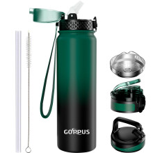 GOPPUS 1L/32oz Stainless Water Bottle with Straw Double Wall Insulated Bottles with Strap Reusable Vacuum Thermal Flask Leakproof Keep Cold Drinks Bo