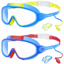 Vvinca Kids Swimming Goggles, 2 Pack Swim Goggles with Earplugs& Nose Clip Wide View No Leakage Anti-Fog UV Protection for Children Boys Girls Teens