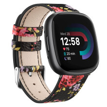 Leather Straps for Fitbit Versa 4 / 3 / Sense 2 / Sense, Women & Men, Genuine Leather (Black Pink Flower)