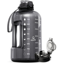 AQUAFIT 4 Litre Water Bottle with Straw - Water Bottle 4L with Time Marker - One Gallon Big Bottle with Straw - Large Bottle For Gym - 2-in-1 Lid, Gr