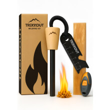 TREKKOUT Survival Flint Fire Starter Kit | 10mm Ferrocerium Rod with 20,000+ Strikes | Softwood Pine Tinder | 6in1 Scraper | Safety Whistle | Braided