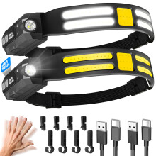 Head Torch Rechargeable, [2 Pack] Super Bright LED Head Torch with Motion Sensor, 230Wide Angle Headlight, Waterproof Lightweight Headlamp Flashligh