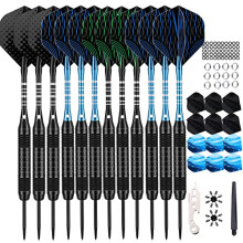 DARTSPACE 12 Pack Steel Tip Darts Set 24 Grams, Metal Tip Darts with Premium Black Blue Darts Stem 24 Flights, Extra 50 Rubber O-Rings 6 Nylon Shafts