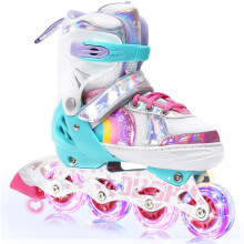 OLYSPM Inline Skates,4 Sizes Adjustable Roller Skates with 8 Illuminated Wheels and Dazzling Rainbow Patterns for Boys,Girls,Ideal Christmas Birthday