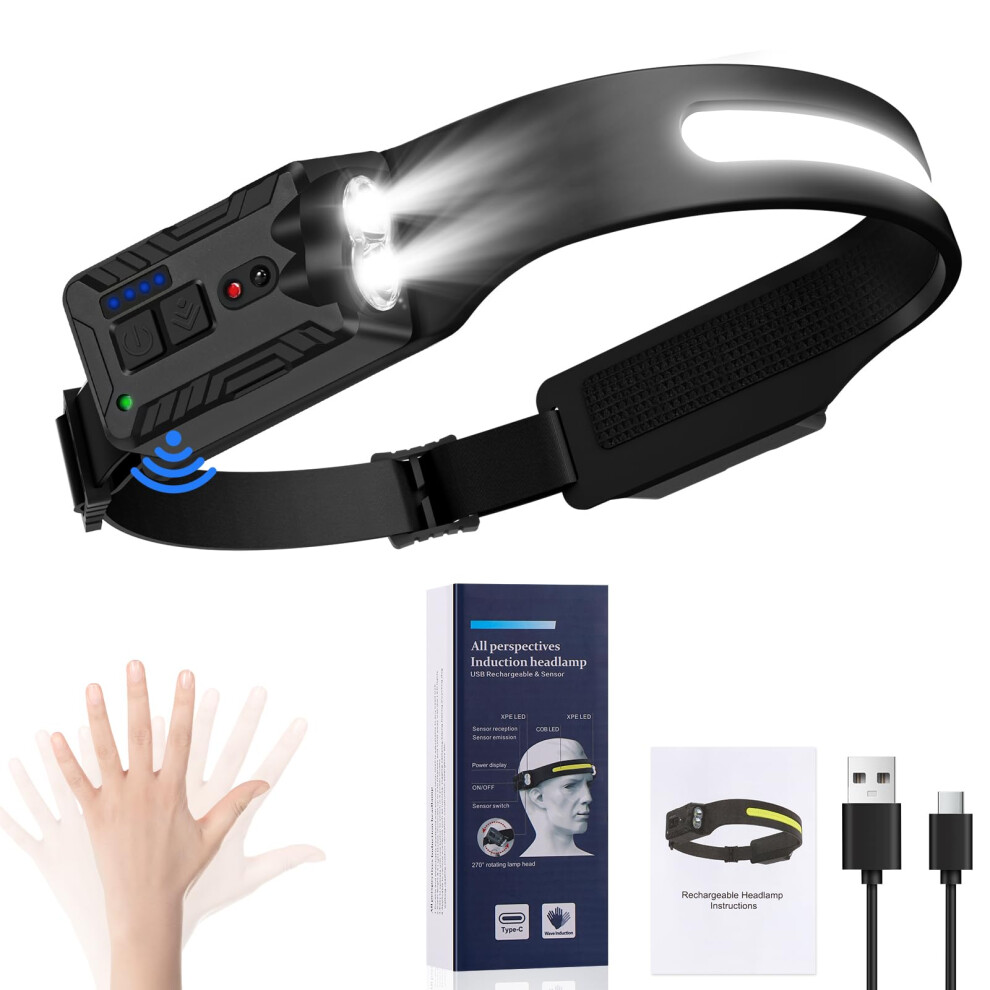 Oderra Head Torch Rechargeable Motion Sensor 8 Lighting Modes With Battery