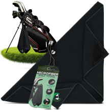 Microfibre Golf Towel with Integrated Brush, Golf Ball Cleaner Pouch Pocket, Strong Magnetic Attachment, and Carabiner Clip - Tour Black, Fairway Gre
