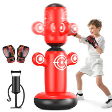 QPAU 360 Rotatable Punching Bag for Kids, Lager 64” Kids Punching Bag with Gloves, Hand Pump & 6 Targets, Bop Bag Inflatable Punching Toy, Karate Gi