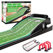 CHAMPKEY Golf Putting Mat Professional Dual-Hole Golf Putting Green with Gates and Mirror - Enhance Your Putting Game on All Skill Levels (Green)