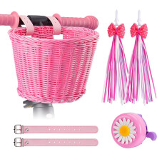 Kids Bike Basket Set, Girl Bike Basket Pink Handwoven, Children Cycling Baskets with Leather Straps, Bicycle Accessories, Bowknot Streamers and Bell