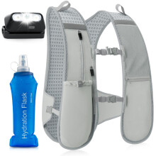 GGIE Running Vest, Adjustable Hydration Vest with 500ml Soft Water Bottle and Headlamp, Reflective Gear with Phone Holder for Women Men Jogging Cycli