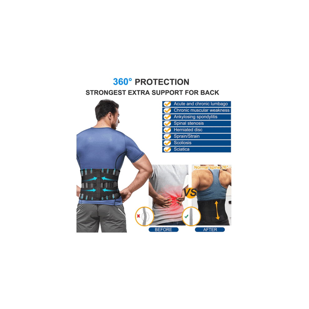 Supportive Back Brace, Adjustable Lumbar Support with Anti-Skid Design, Memory-Aluminum Stays for Enhanced Stability and Injury Prevention