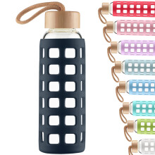 Cleesmil Sports Glass Water Bottle with Silicone Sleeve with Bamboo Lid BPA Free 360 ml (Navy Blue)