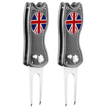 FINGER TEN Golf Divot Repair Tool Switchblade with Ball Marker Value 2 Pack, Stainless Steel Pitchfork with Pop-up Button Magnetic Marker Foldable Po