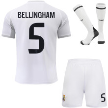 RAWDEM Madrid Kids Home 2025/2026#5 Bellingham Home Football Jersey Shorts Socks Gift SetYouth Sizes (White, 24)