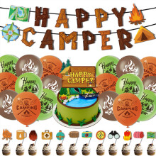 Vrolijke Camper Banner voor Picknick, Kampeerfeest, Kampeerbenodigdheden met hoogwaardige print, Eenvoudig te monteren latexballonnenset inclusief 1