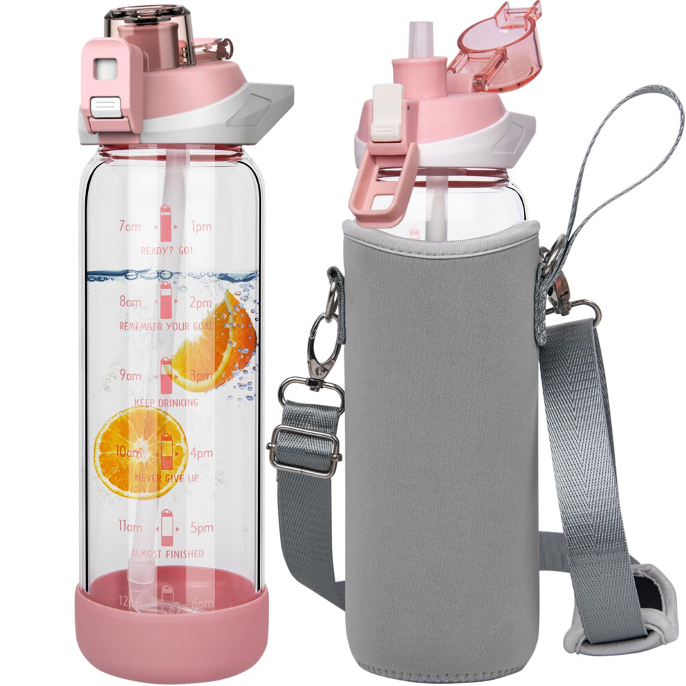 Seekua 800Ml Glass Water Bottle With Straw Time Markings Bpa Free Motivati