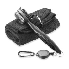 FUZVOL Black Golf Cleaner Brush and Microfibe Golf Towel Set Cleaning Kit Golf Brush Towel Portable with Clip Carabiner Waffle Pattern, Golf Accessor
