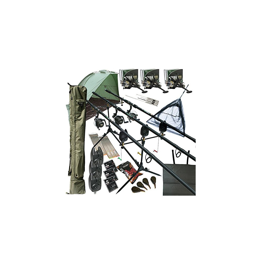 Oakwood Deluxe Full Carp Fishing Set Up With Rods, Reels, Alarms, 42" Net, Holdall, Bait, Bivvy & Tackle