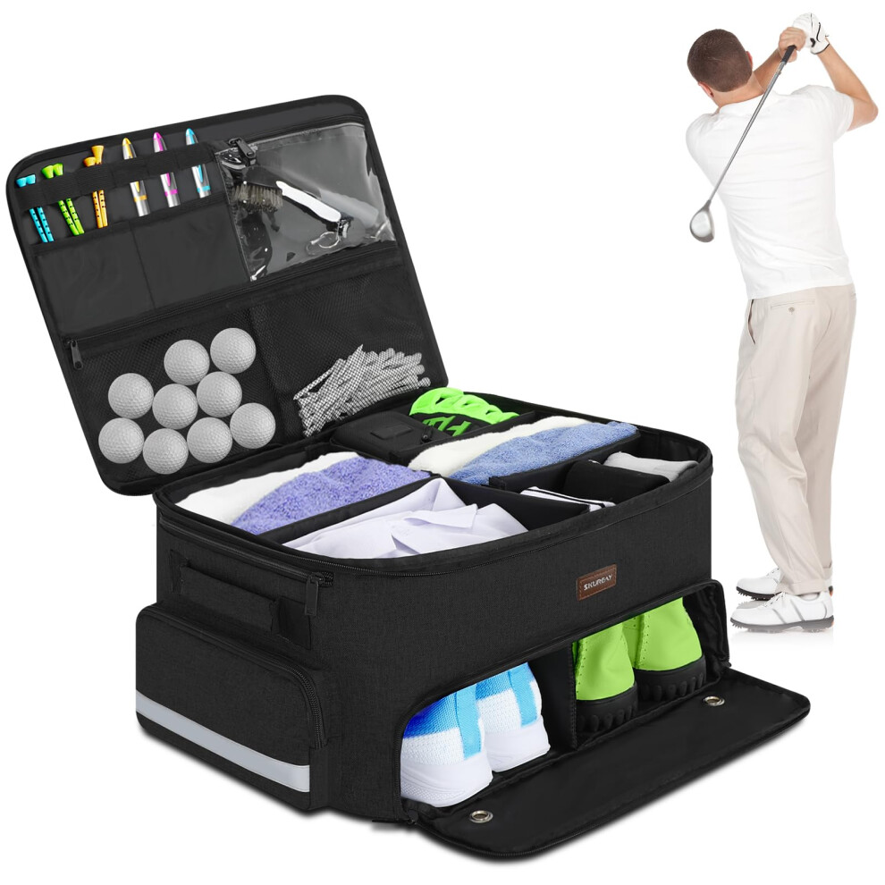 Golf Trunk Organizer For Car, 2 Layer Golf Trunk Organizer With Separate Ventilated Shoe Compartment, Golf Car Organizer For Golf Accessories, Black 36380046