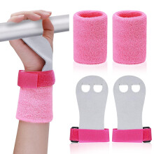 4 Pcs Gymnastics Hand Grips Wristbands Sets, Sports Gymnastics Bar Grips Wristbands with Pink Sweatbands, Palm Protection and Wrist Support Set, for