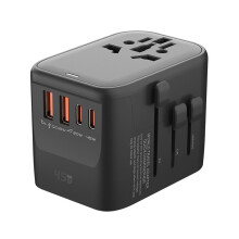 GaN65W International Travel Adapter with 2USB 3 Type C GaN Fast Charging Adapter with EU AU US UK Plug for Travel Black