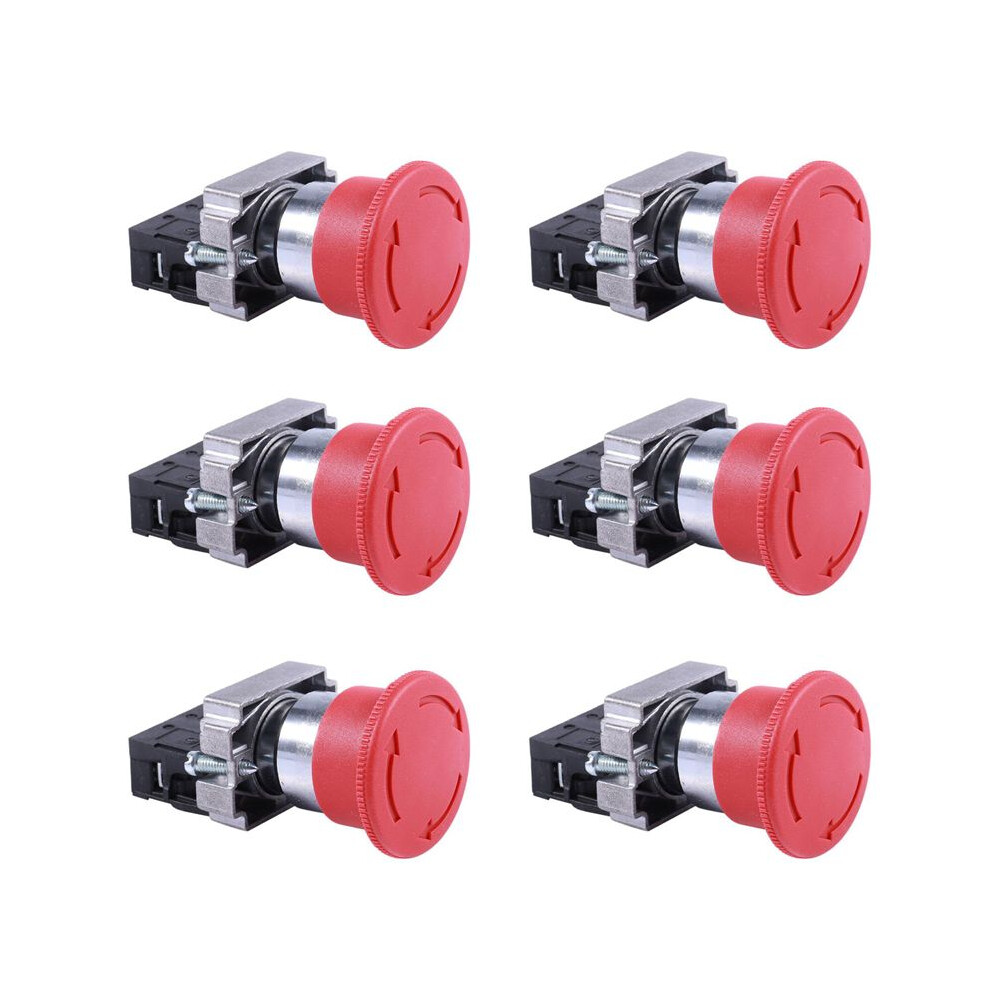 6Pcs 22Mm Nc Red Mushroom Emergency Stop Push Button 600V 10A Zb2-Be102c Xb2-Bs542x1 4712347678915