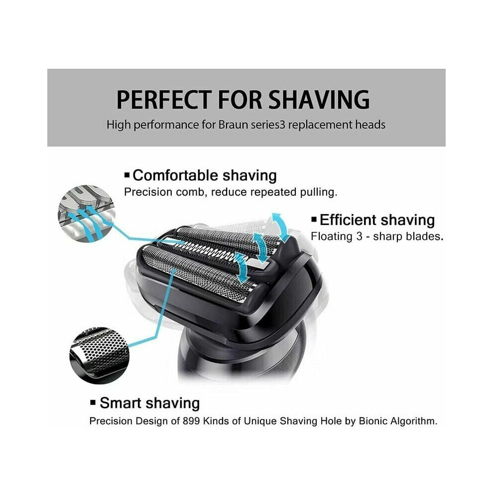 Replacement Heads for Braun Series 3 Shavers, Broad Compatibility 32B-S3 Foil and Cutter Cassette with Floating Three-Blade Technology, Precision
