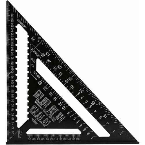 Transferidor de esquadro de 12 polegadas, régua triangular em liga de alumínio com acabamento preto fosco para medições precisas de layout,