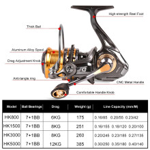 Leichter 7+1BB Metall-Spin-Reel für Süßwasser und Salzwasser - HK1500/3000/5000