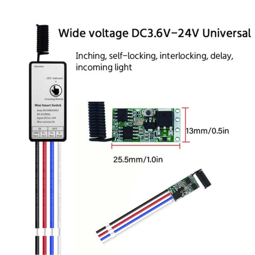 2X Wireless Remote Control RF 433Mhz Relay Receiver  3.6V 6V 12V 1CH Module for LED Lamp Light DIY 1