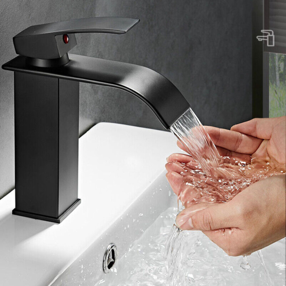 Waterfall Faucet With Single Handle, Modern Matte Black Bathroom Sink Faucet With Pop-Up Drain And Deck Plate, Lead-Free Construction Brass Faucet 9169997166852