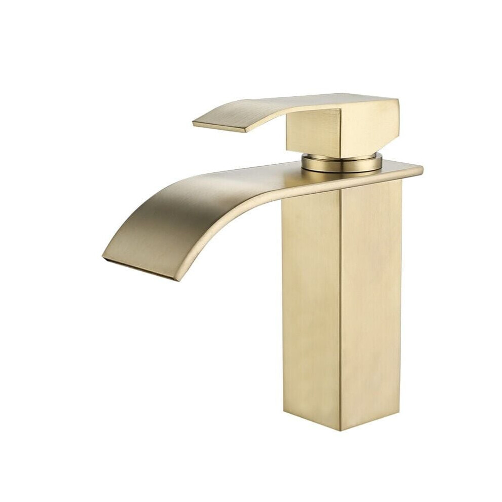 Contemporary Bathroom Sink Faucet, Stainless Steel With Brushed Gold Waterfall Spout, Rv Vessel Sink Faucet With Flexible Hoses, Single Handle For 9173940315815