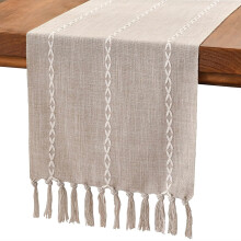 Vintage bordløbere, rustikt hør med håndlavede kvaster, broderet i landlig stil til spisestuedekorationer, bomulds- og hørstof, 33x120 cm, lys