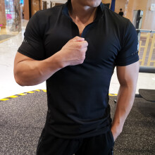 (P36-1 black, XL) Summer Men zipper T-shirt Gym Running Training Fitness Bodybuilding Casual Sport White Cotton Short Sleeve Male Tops Tees