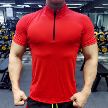 (P36-4 red, L) Summer Men zipper T-shirt Gym Running Training Fitness Bodybuilding Casual Sport White Cotton Short Sleeve Male Tops Tees