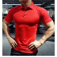 (P34-7 red, M) Summer Men Polo T-shirt Gym Running Training Fitness Bodybuilding Casual Sport Top Quality Cotton Short Sleeve