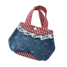 Fashionable Ladies Handbag Retro Check Print-Dark blue bow