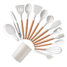 14-teiliges Silikon-Küchenutensil-Set mit Holzgriff, Weiß
