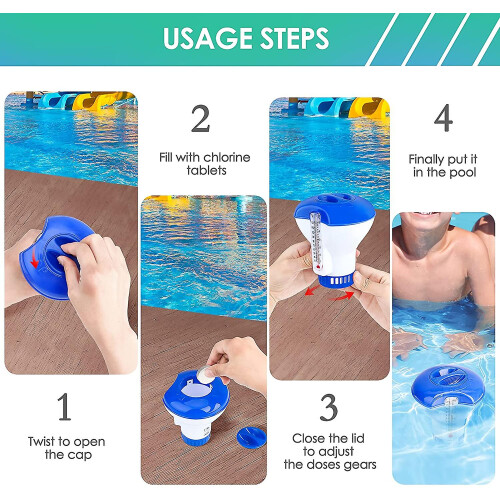 Chlorine Dispenser with Built-In Thermometer, Adjustable Flow Control for Customized Sanitization, Durable Materials for Outdoor Use, Floating Design 1
