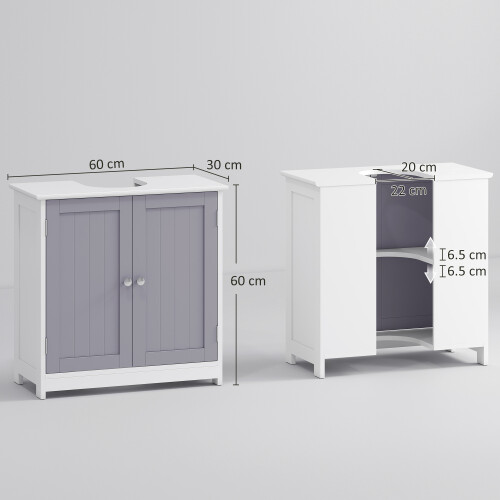 kleankin 60x60cm Under-Sink Storage Cabinet w/ Adjustable Shelf Grey White 2