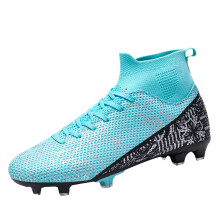 (SKY BLUE, 32) Classic color scheme, high-top soccer shoes, unisex design, anti-slip, wear-resistant, available in long or short studs.