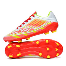 (DF002C-juhong, 38) Breathable football shoes with FG/AG studs suitable for training and competition, all season universal anti slip sports shoes